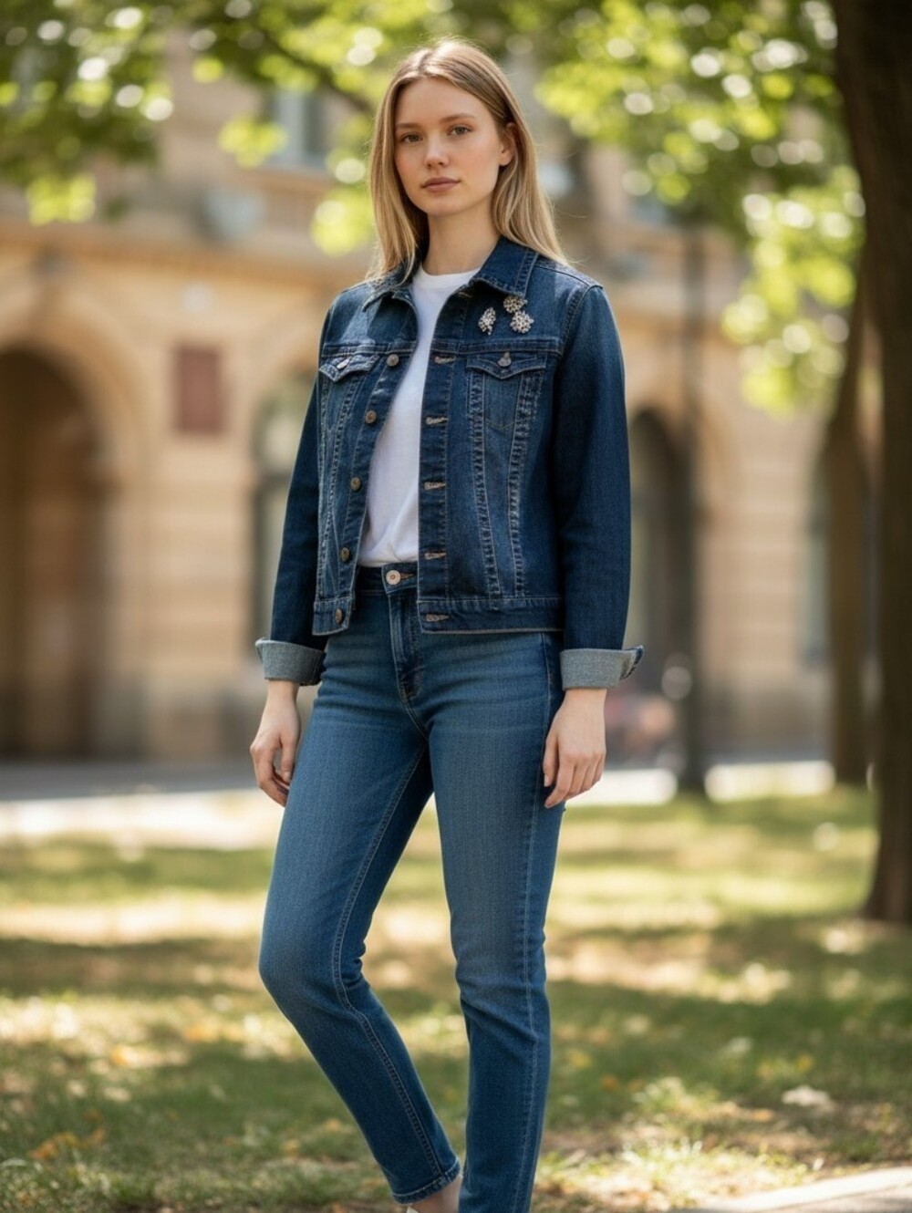 ARTISAN NY Navy Blue Denim Flap Pocket Trucker Jean Jacket W/ Broches sz S